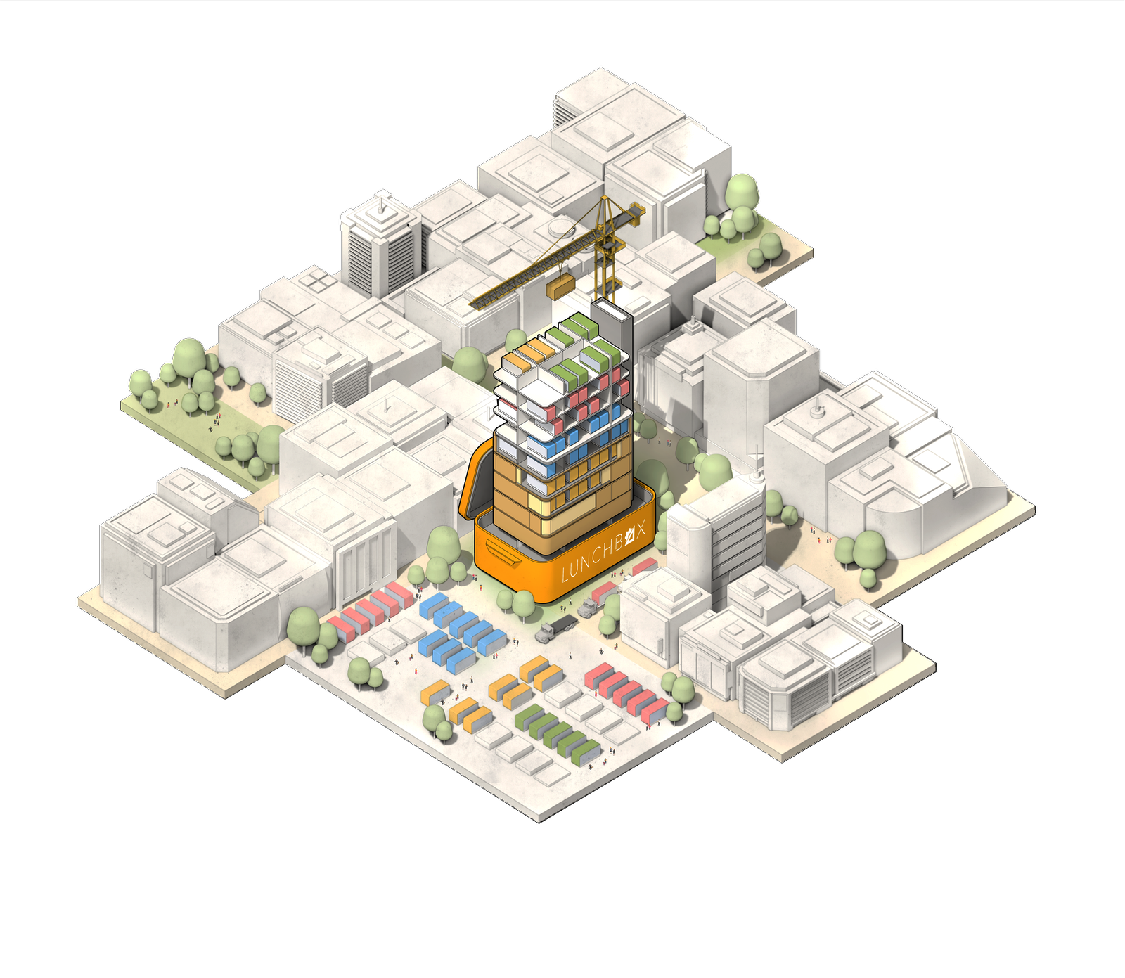 Arch Lunchbox: an isometric illustration of the study system as a building under construction