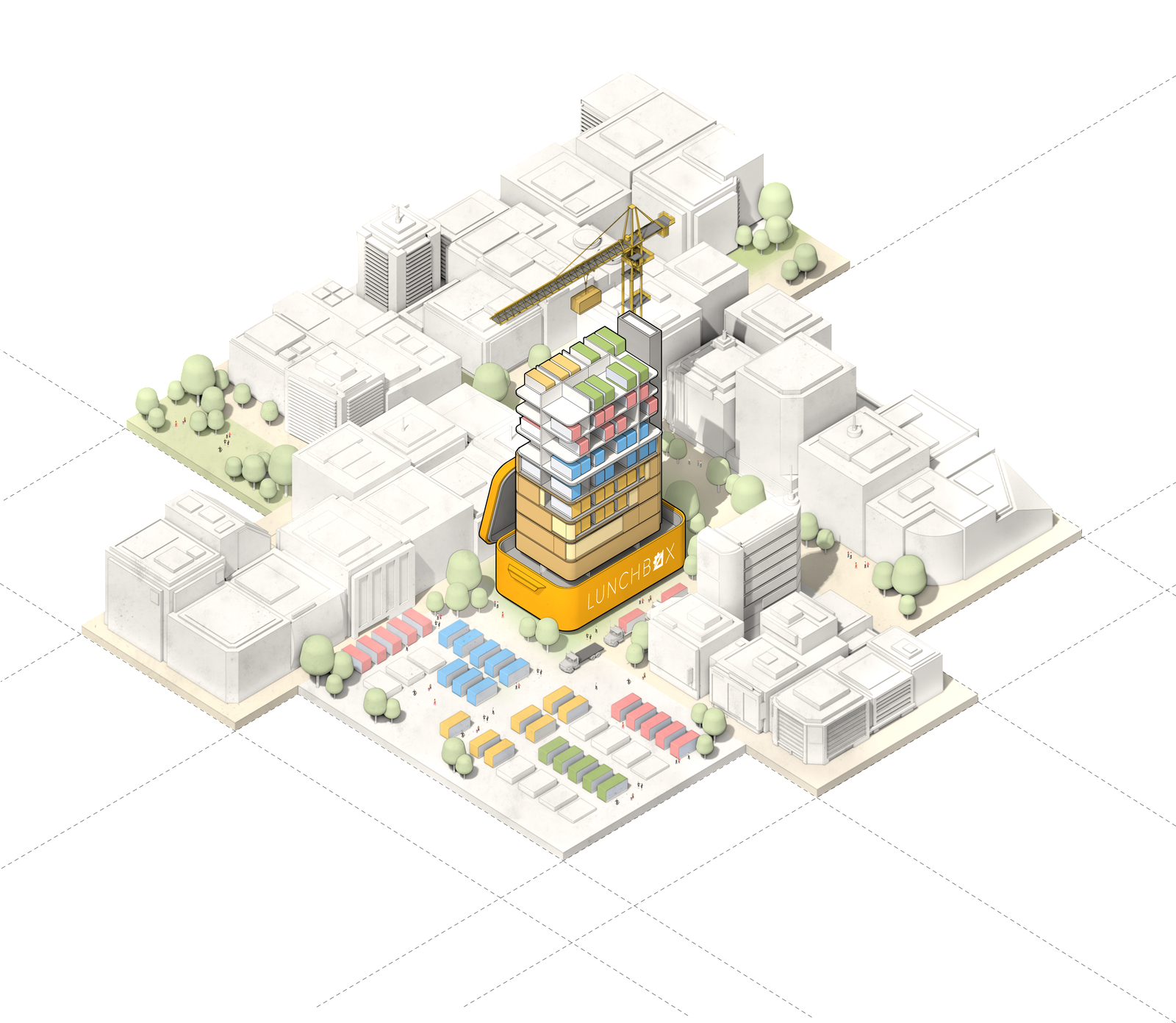 Arch Lunchbox: an isometric illustration of the study system as a building under construction